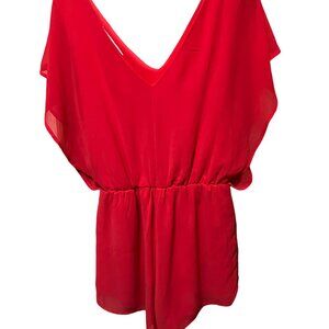 Off Shoulder V Neck Jumpsuit Bright Red  (XS)